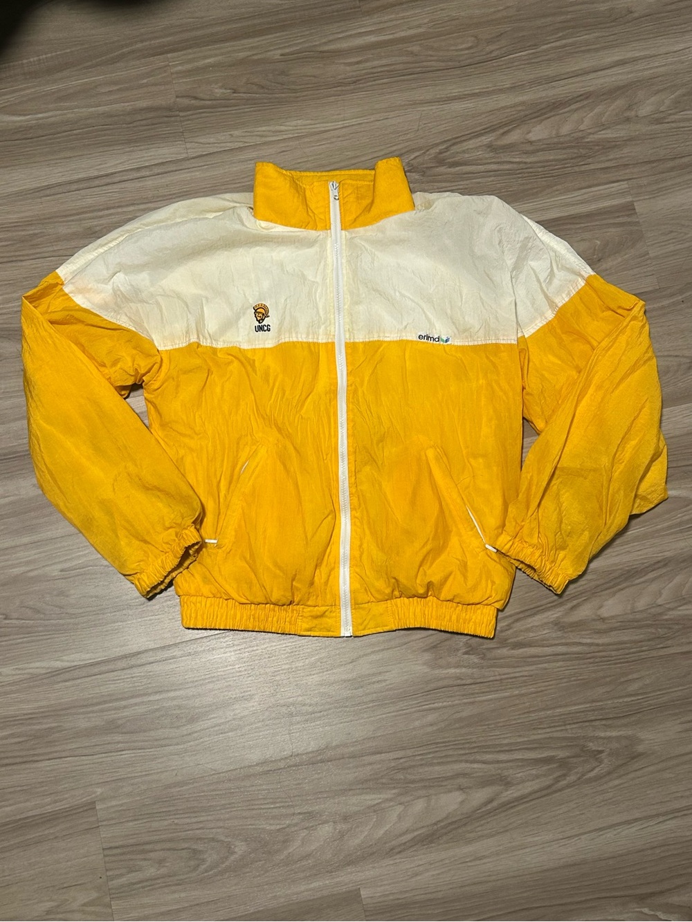 Vintage Erima x UNCG yellow and white color-block full-zip windbreaker jacket